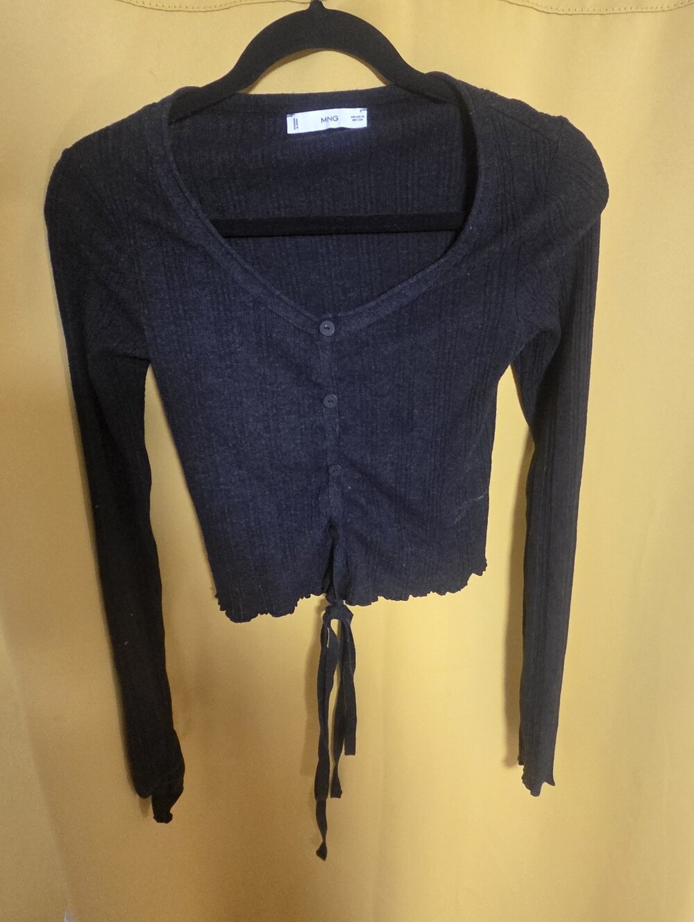 Mango Black Ribbed Long-Sleeve Tie-Front  Top
